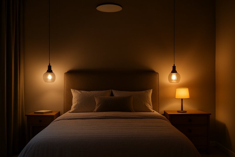 A stylish bedroom with layered lighting: two hanging pendants over the nightstands and a small lamp on a dresser, with the main ceiling light off.