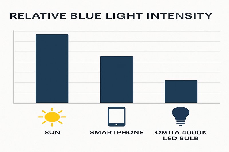 A simple bar chart graphic comparing the relative blue light intensity from the sun, a smartphone screen, and a standard Omita 4000K LED bulb, showing them to be in a similar, safe range.