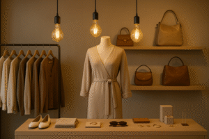 A beautifully lit retail display in a clothing boutique, where Omita Edison bulbs on pendants highlight a mannequin and a curated collection of accessories