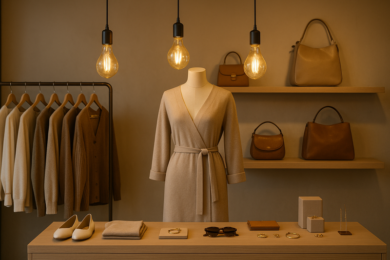 A beautifully lit retail display in a clothing boutique, where Omita Edison bulbs on pendants highlight a mannequin and a curated collection of accessories.