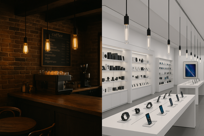 Split-screen image: On the left, a rustic coffee shop with amber Omita ST64 bulbs. On the right, a modern tech store with clear Omita T30 bulbs.
