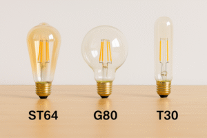 A lineup of different Omita bulb shapes - ST64, G80, T30 - showing their relative sizes for comparison