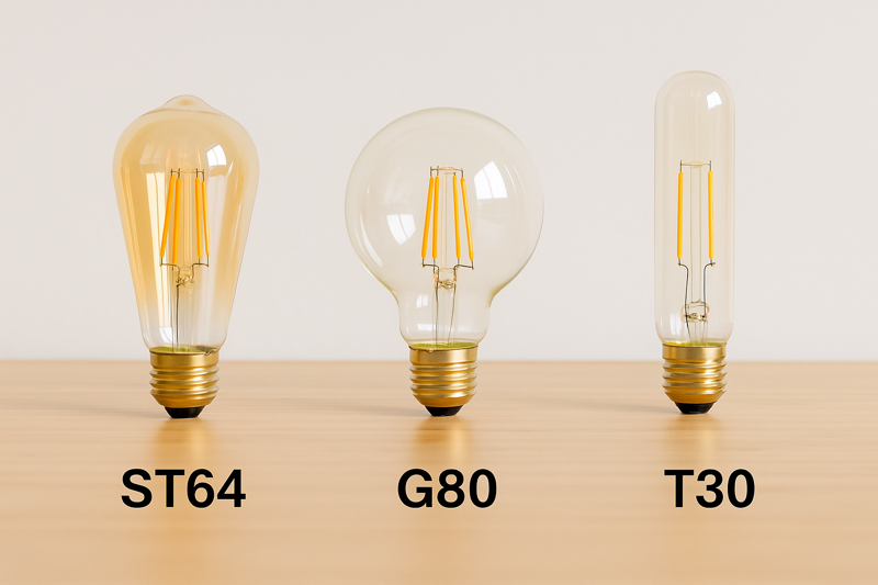 A lineup of different Omita bulb shapes - ST64, G80, T30 - showing their relative sizes for comparison.
