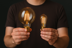 A photographer holding a large G125 Globe Edison bulb next to a smaller ST64 bulb to show the size difference