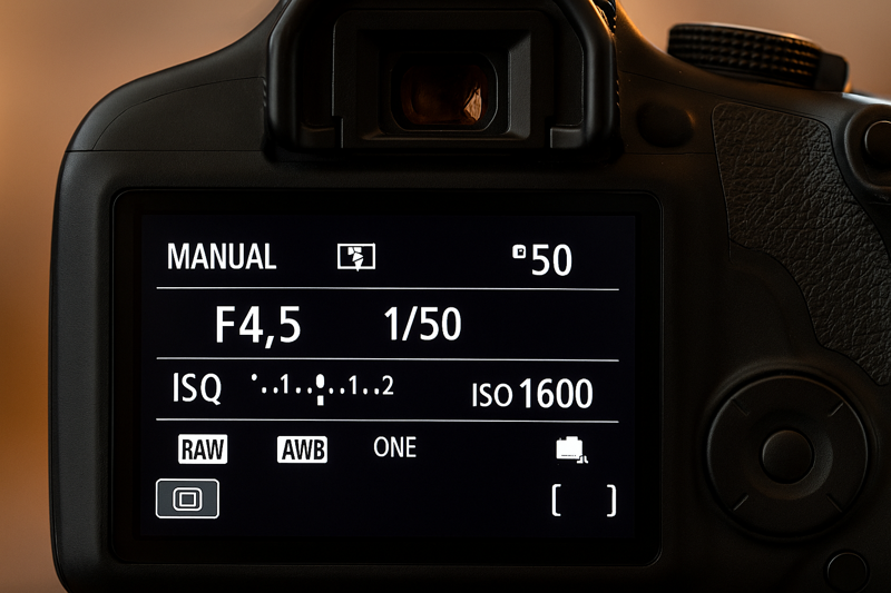 A photo of a camera's LCD screen displaying manual settings ideal for food photography with warm light.