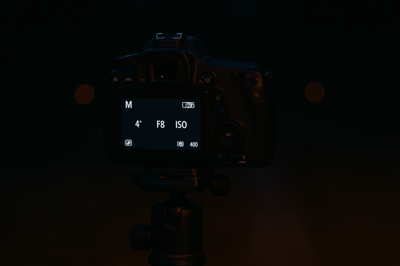 A camera on a tripod at night, with the screen showing manual settings for a long exposure shot.