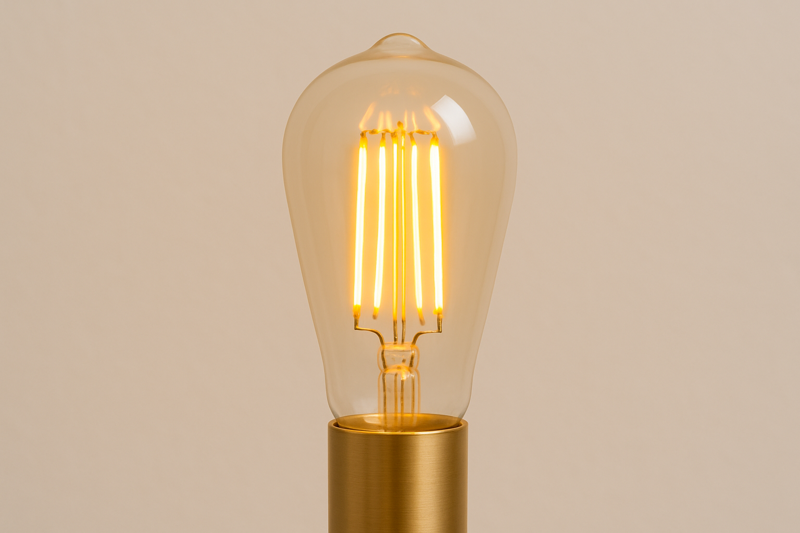 A close-up shot of a glowing ST64 LED Edison bulb in a simple brass socket