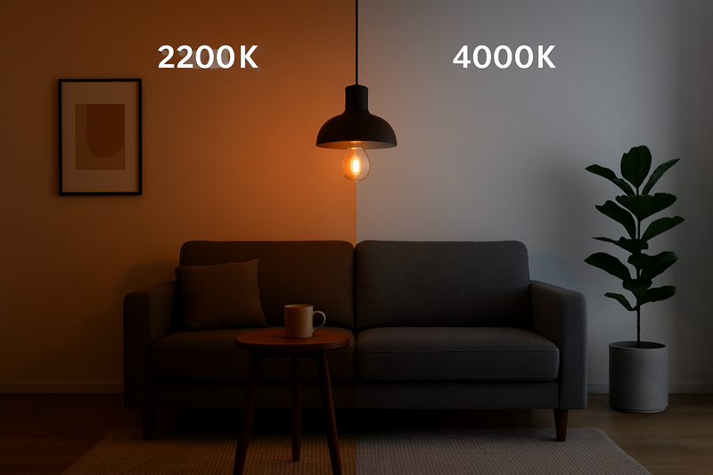 A split image showing the same room. On one side, it's lit with a 2200K amber Edison bulb, creating a cozy mood. On the other side, a 4000K cool white bulb makes the room feel sterile.