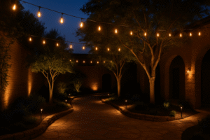 A beautifully lit courtyard at dusk, with Omita LED Edison string lights draped overhead, spotlights uplighting trees, and soft lights along a stone path