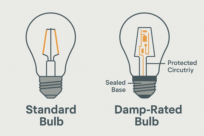 A graphic showing a cross-section of a standard bulb vs. a damp-rated bulb, highlighting the sealed base and protected circuitry of the damp-rated version.