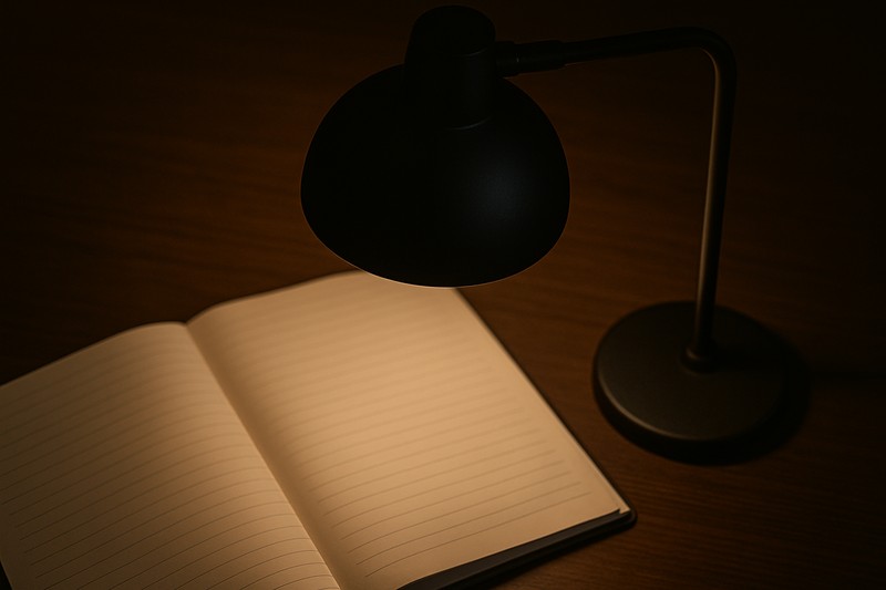 A close-up of a modern desk lamp with a dark metal shade, casting a perfect circle of light on an open notebook without any glare.