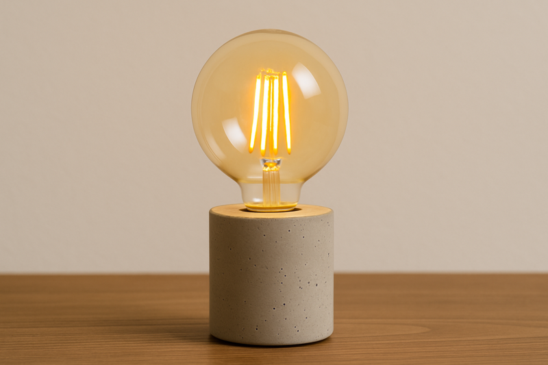 A minimalist lamp with a cylindrical concrete base and a large G95 globe bulb