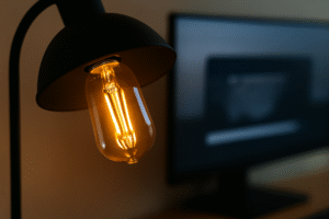 A close-up shot of an Omita ST64 LED Edison bulb glowing warmly in a desk lamp, with a blurry computer monitor in the background