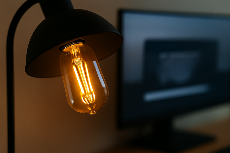 A close-up shot of an Omita ST64 LED Edison bulb glowing warmly in a desk lamp, with a blurry computer monitor in the background.