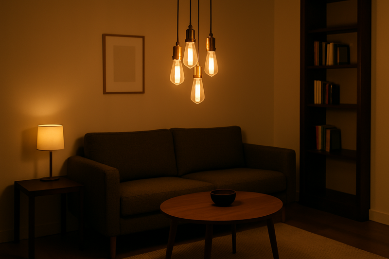 A stylish, small living room where a cluster of hanging Edison bulbs over a coffee table creates a focal point and a cozy atmosphere.