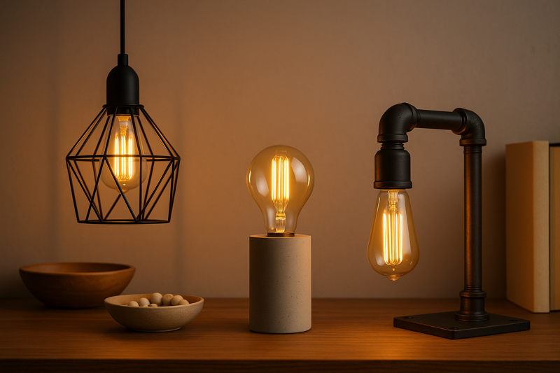 A collage of ideal fixtures for Edison bulbs: an open geometric cage pendant, a simple desk lamp base, and a DIY pipe lamp.