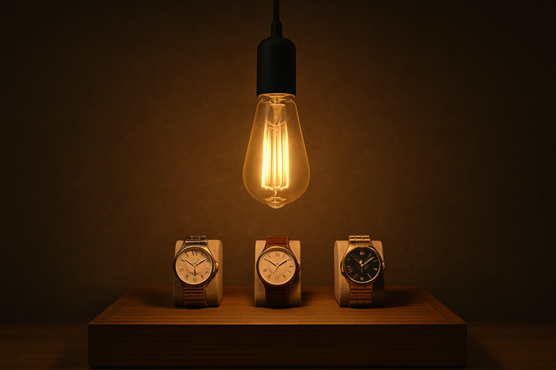 A close-up of a single Omita ST64 Edison bulb hanging directly over a display of luxury watches, creating a "spotlight" effect.