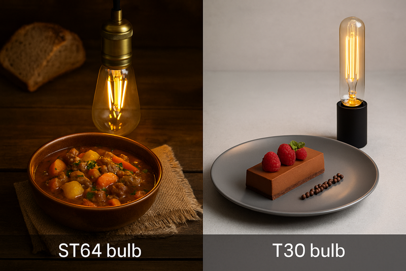 A collage showing a rustic stew with an ST64 bulb, and a modern dessert with a sleek T30 tubular bulb.