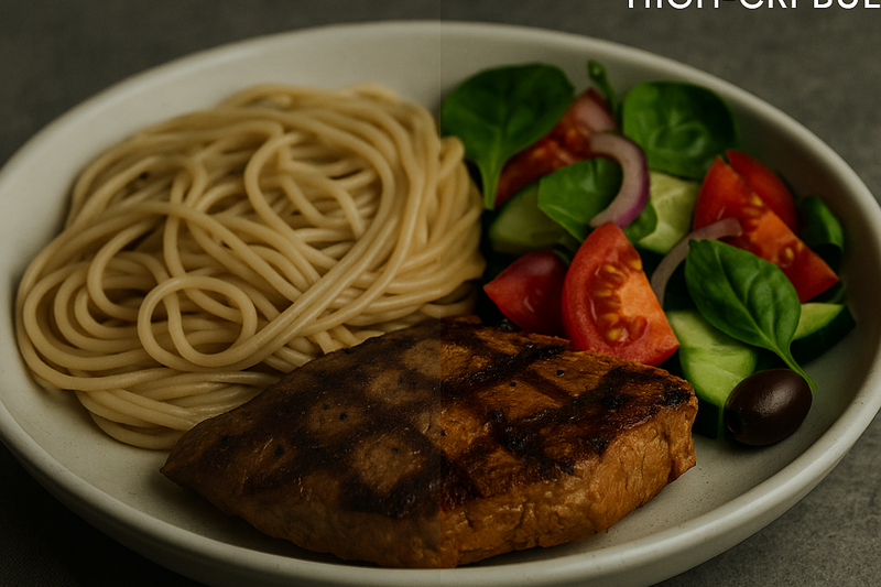 A split-image of a plate of food. Under a low-CRI bulb it looks unappetizing. Under Omita's high-CRI bulb, the colors are rich and delicious.