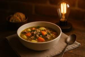 A beautifully styled rustic soup with a warm Omita Edison bulb visible in the background, creating a cozy atmosphere