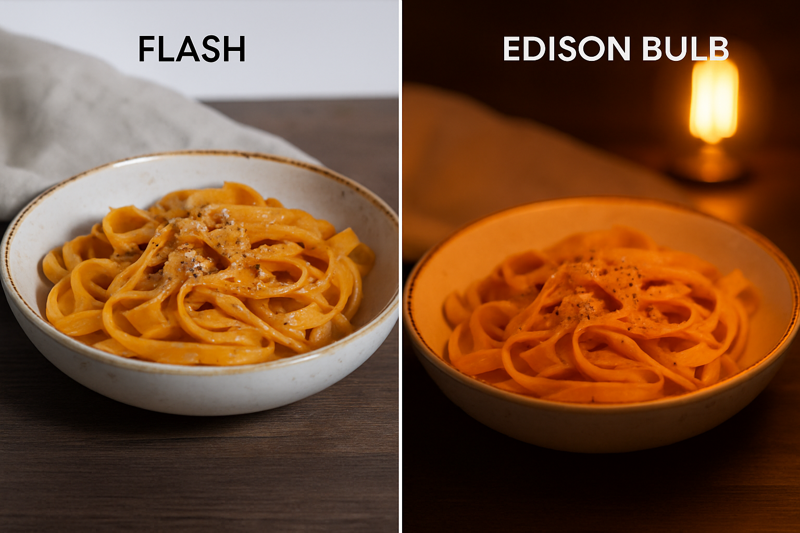 A side-by-side comparison of a bowl of pasta shot with harsh flash (left) and with the warm, soft light of an Edison bulb (right).