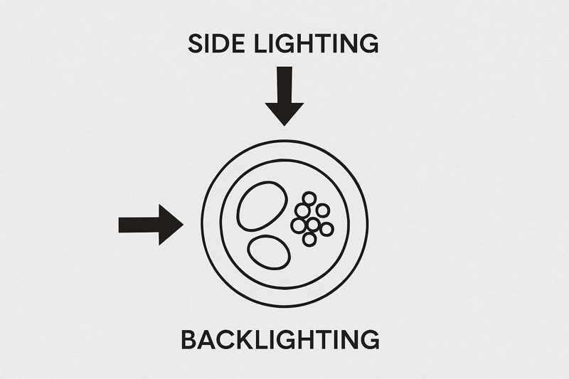 A top-down diagram showing a food plate with arrows indicating correct side lighting and backlighting positions.
