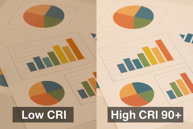 A split-image photo showing colorful charts. On the left (Low CRI), colors are muted. On the right (High CRI 90+), colors are rich and distinct.