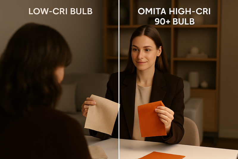 A designer showing a client two fabrics. Under a low-CRI bulb, the colors are flat. Under an Omita High-CRI 90+ bulb, the colors are rich and true.
