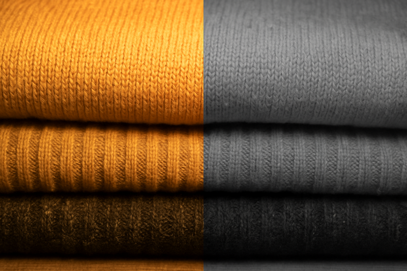 A close-up on a folded stack of woolen sweaters. The area lit by a warm, high-CRI Omita bulb shows rich texture, while an area in cool light looks flat.