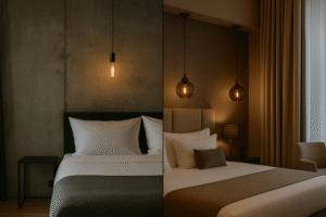 A split view: one side shows an industrial-chic hotel room with exposed Omita T45 bulbs, the other side a luxury suite with elegant smoked G125 globe bulbs