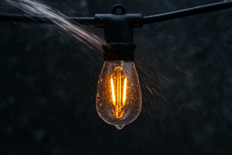 A close-up of an Omita S14 bulb in a string light socket, being sprayed with water to demonstrate its IP65 water resistance.