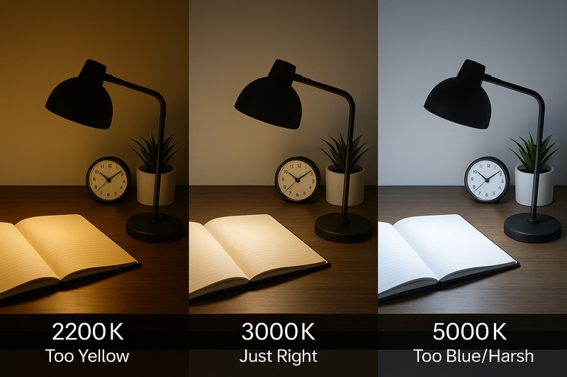 A visual comparison of the same desk under three different light temperatures: 2200K (too yellow), 3000K (just right), and 5000K (too blue/harsh).