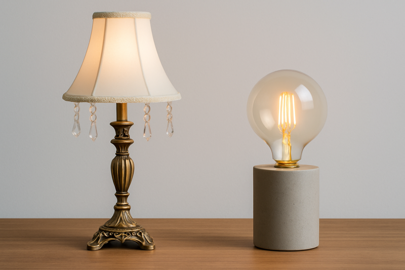 A side-by-side comparison of a complex, ornate lamp and a simple, minimalist lamp