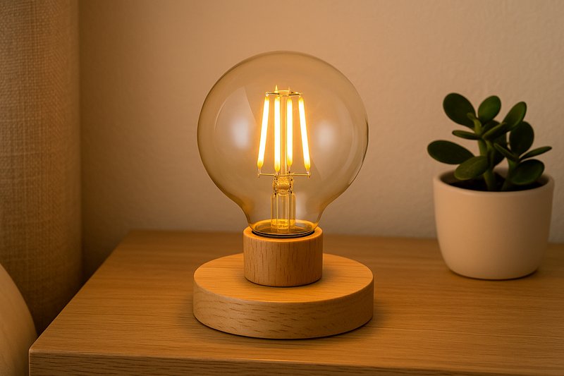 A close-up shot showcasing a G80 globe bulb in a light wood base, sitting on a nightstand next to a small plant.