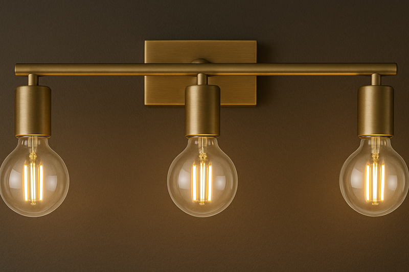 A chic bathroom vanity with a sleek, horizontal brushed brass fixture holding three G80 globe Edison bulbs.