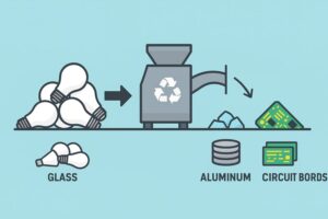 A simplified graphic showing the recycling process: a pile of bulbs goes into a machine, and comes out as separated piles of glass, aluminum, and circuit boards