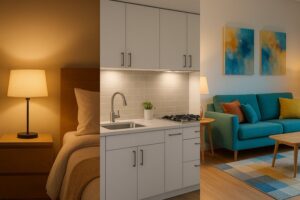 A montage of three different room scenes side-by-side: a cozy bedroom with warm light, a bright functional kitchen with neutral light, and a vibrant living room, all perfectly lit.