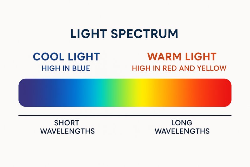 A graphic illustrating the light spectrum, showing how cool light is high in blue and warm light is high in red and yellow.