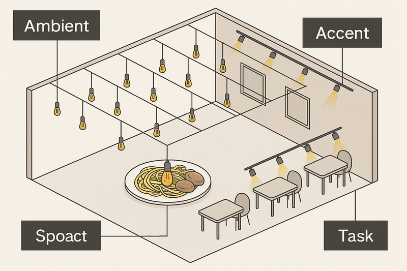 An architectural diagram showing lighting layers: a grid of Edison pendants for 'Ambient', and a separate track of spotlights for 'Accent' on art and 'Task' on tables.
