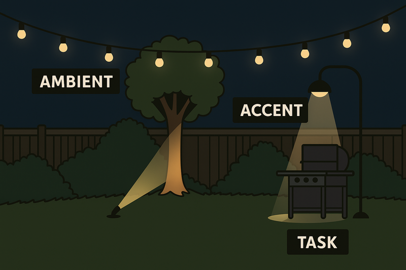 A diagram showing the three layers of light in a garden: Ambient (string lights), Accent (spotlight on a tree), and Task (downlight over a grill).