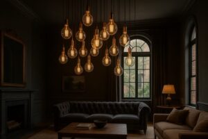 A dramatic living room with a 15-foot ceiling, featuring a large cluster of oversized G125 Edison bulbs hanging at staggered lengths over the seating area