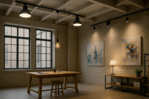 A beautiful, high-ceiling loft studio with large track lights for ambient lighting, a focused pendant Edison bulb over a workbench, and spotlights on finished artwork