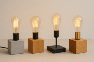 A collection of minimalist lamps made from concrete, wood, and metal, each featuring a different Edison bulb