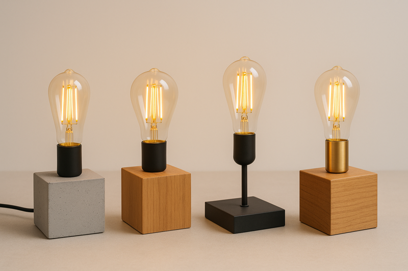 A collection of minimalist lamps made from concrete, wood, and metal, each featuring a different Edison bulb
