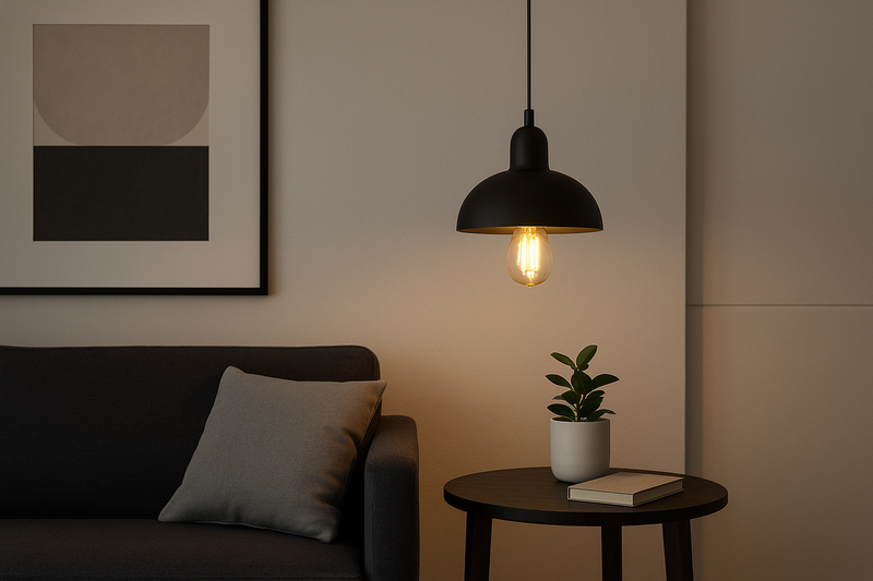 A sleek, modern living room where a minimalist pendant fixture with a visible Omita LED Edison bulb hangs over a side table, adding a touch of warmth.