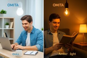 A split image showing a person working energetically under a cool white Omita light during the day, and the same person relaxing with a book under a warm amber Omita filament bulb at night