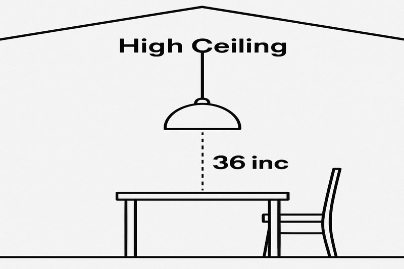 A diagram showing a cross-section of a high-ceiling room, with a pendant light correctly hung 36 inches above a dining table.