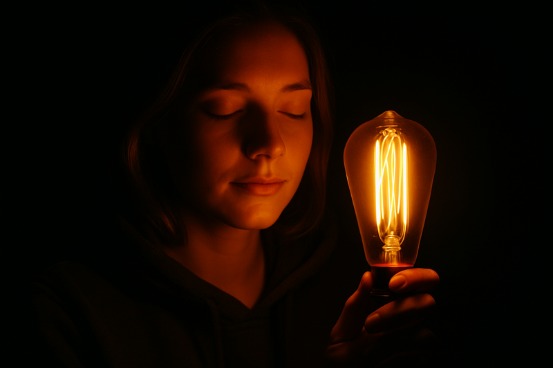 A close-up of a person holding a glowing amber Omita Edison bulb at night, with a soft, pleasing light on their face.