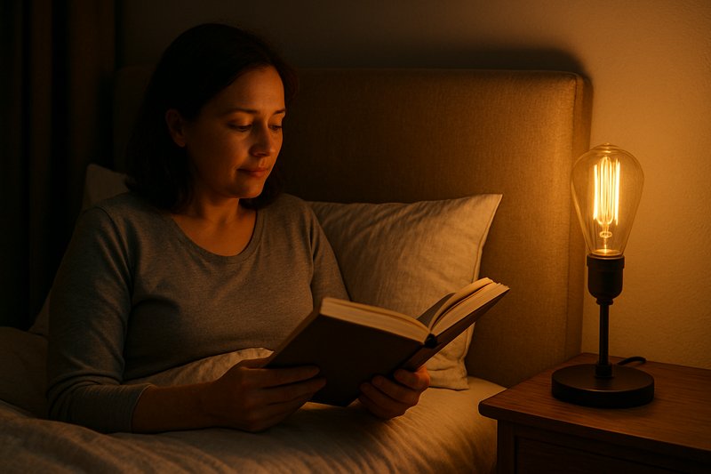 A person comfortably reading a book in bed, illuminated by a single, warm Edison bulb in a bedside lamp.