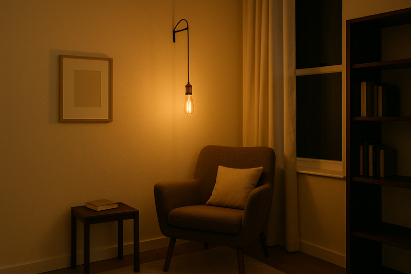 A cozy reading corner in a small apartment, with a single Edison bulb hanging from a hook in the ceiling next to a chair.